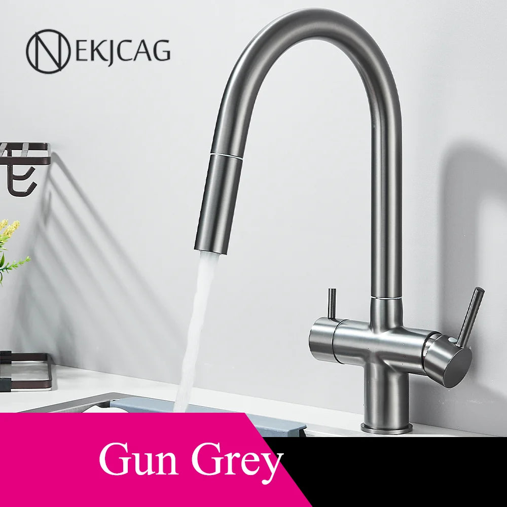 Gun Grey Dual Spout Kitchen Mixer Swivelling 360° Hot And Cold Water Mixer Pull-down Pure Water Faucet Twin-handle Kitchen Mixer
