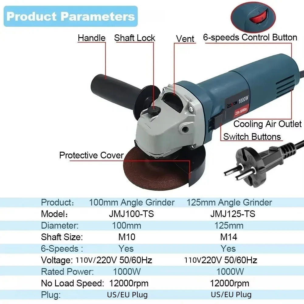 1000W Angle Grinder 6 Gears Multifunctional Handheld 100/125MM Electric Metal Grinding Cutting Machines Tools for 110V 220V Plug