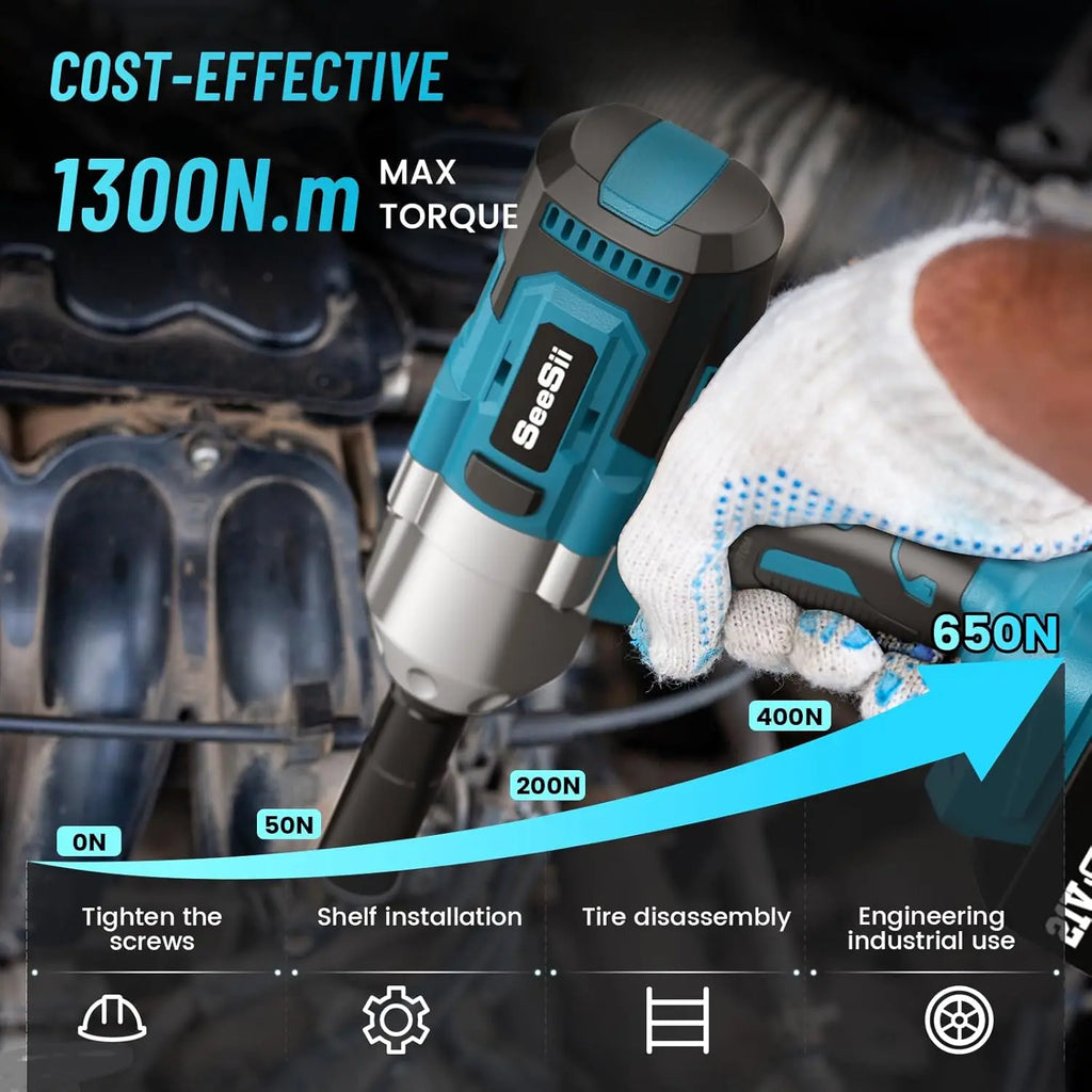 Seesii Impact Wrench 960Ft-lbs Brushless Impact Gun 1300NM High Torque 1/2 2X 5.0Ah Battery Cordless Impact Wrench for Truck