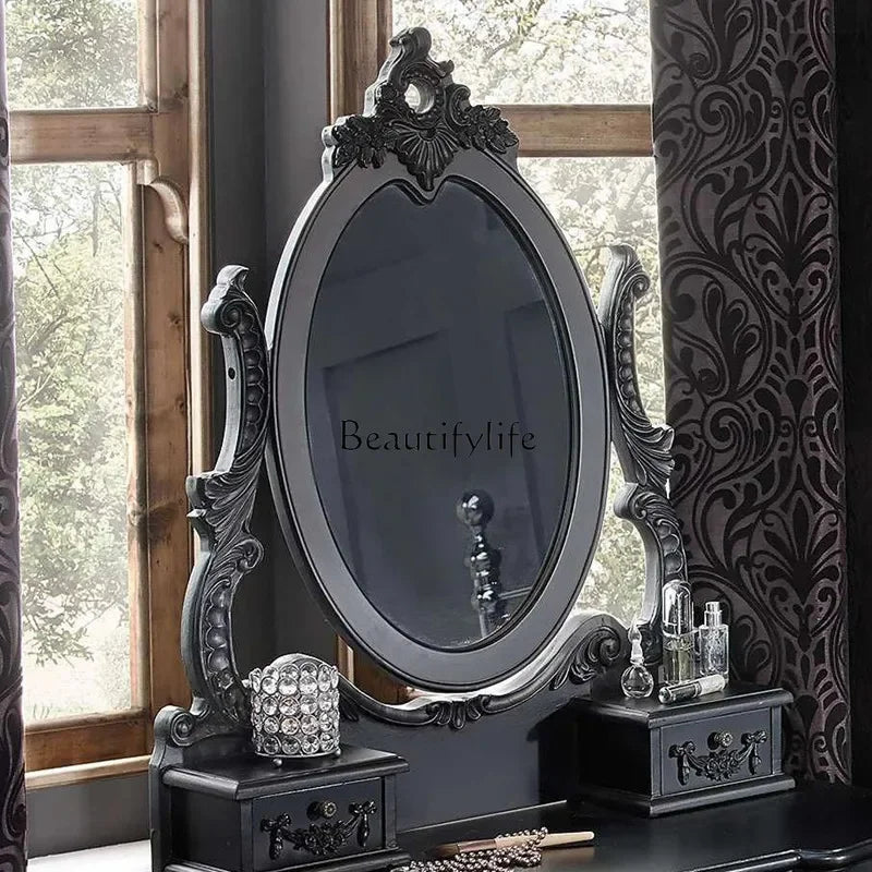 *retro dresser classic black solid wood bedroom princess makeup table American light luxury engraving