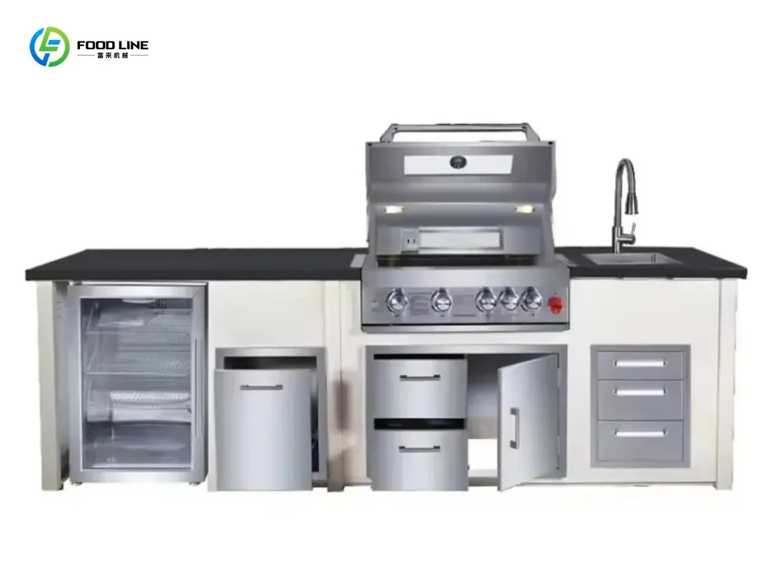Custom Modern Outdoor Kitchen BBQ With Sink PVC Door Pizza Oven Small Refrigerator Cabinet Basket Kitchen Furniture