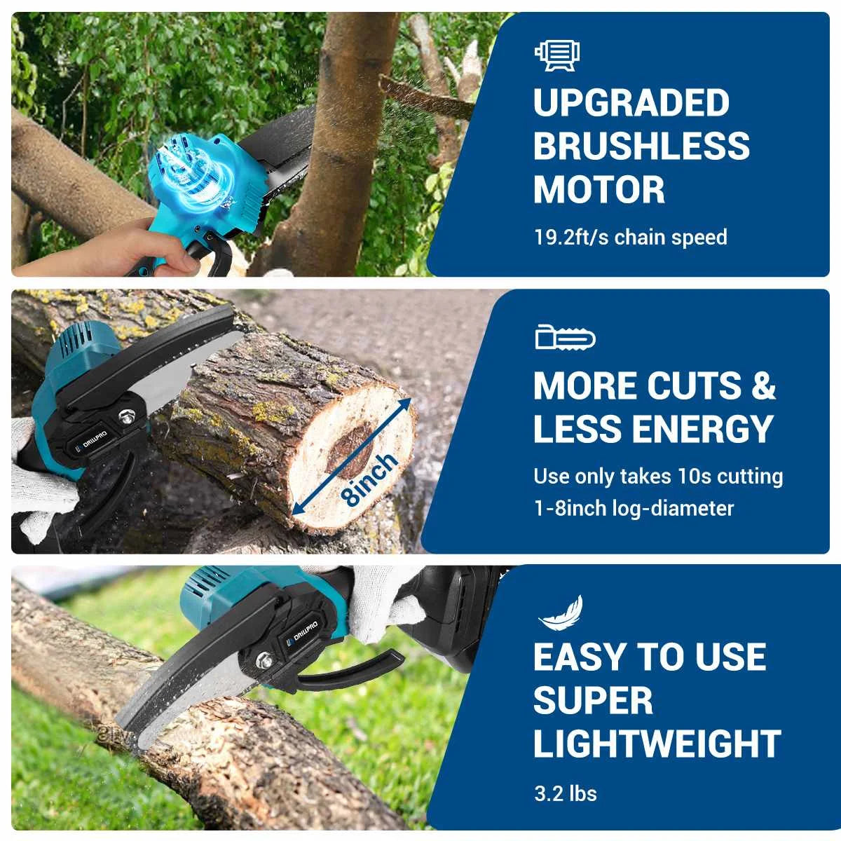 Drillpro 4Inch 1200W Electric Chainsaw Brushless Cordless Mini Chainsaw Garden Woodworking Power Tool for Makita 18V Battery