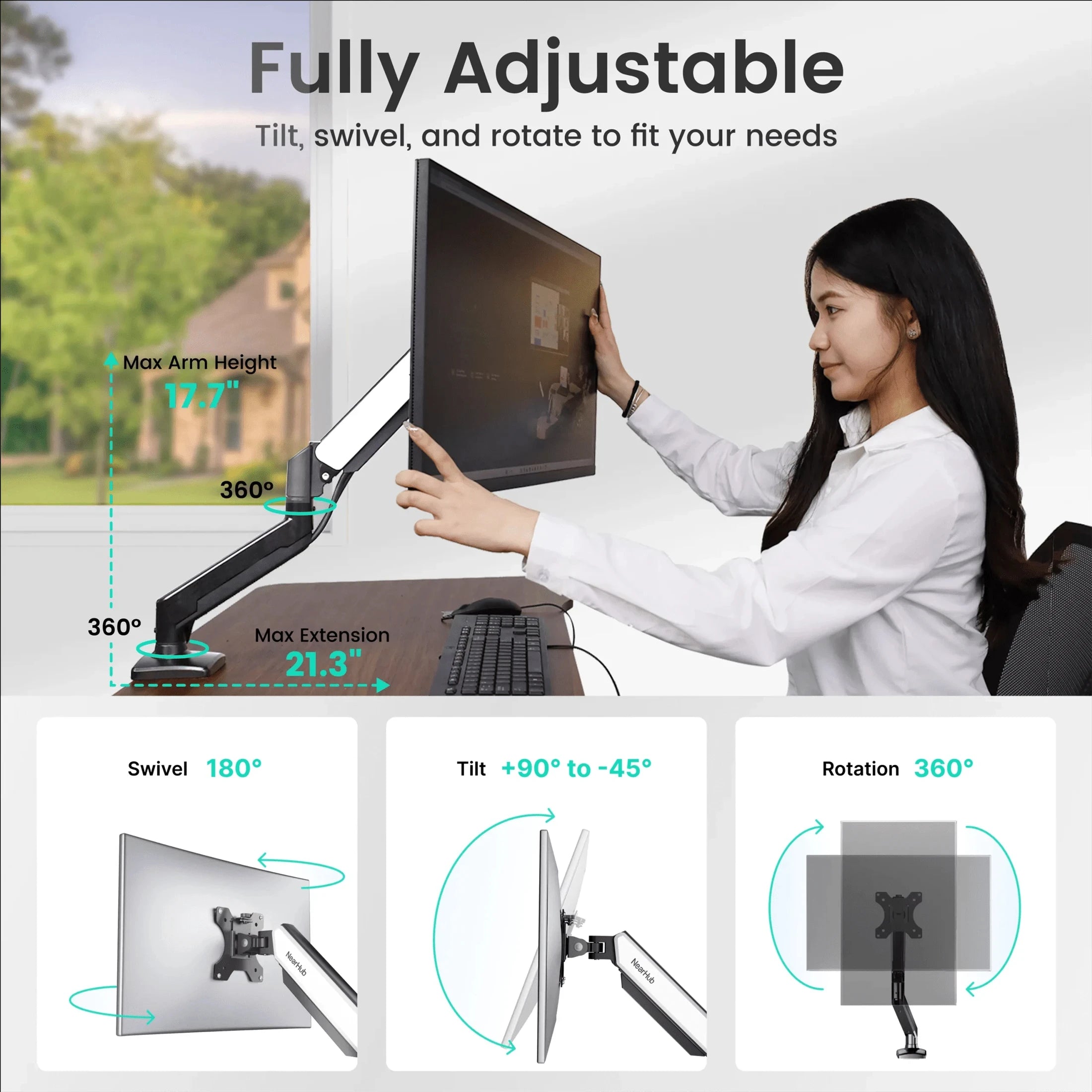 Nearhub Dual Arm Monitor Stand (13-32 Inch) | Desk Mount with C-Clamp & Grommet