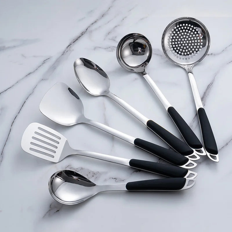 6Pcs Stainless Steel Kitchen Utensil Set with Ergonomic Handles, Heat-Resistant Spatula Turner Ladle Slotted Spoon for Cooking