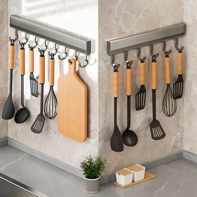Kitchen Hook Wall Mounted Kitchen Storage Rack Storage Row Hook Holder No Punch Shelves with Movable Hook Kitchen Utensil