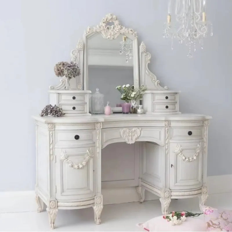 French Bedroom Furniture Storage Solid Wood Dresser Makeup Vanity Desk Dresser with Mirror