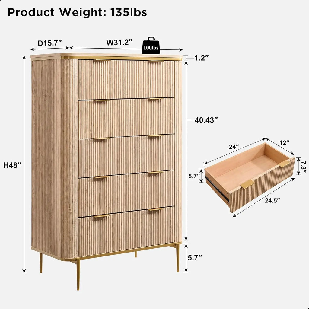 Fluted 5 Drawers Dresser for Bedroom,48" Tall Modern Dresser Chest of Drawers, Gold Accents,Fluted Fronts,Wood Storage Dressers