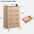 Fluted 5 Drawers Dresser for Bedroom,48" Tall Modern Dresser Chest of Drawers, Gold Accents,Fluted Fronts,Wood Storage Dressers