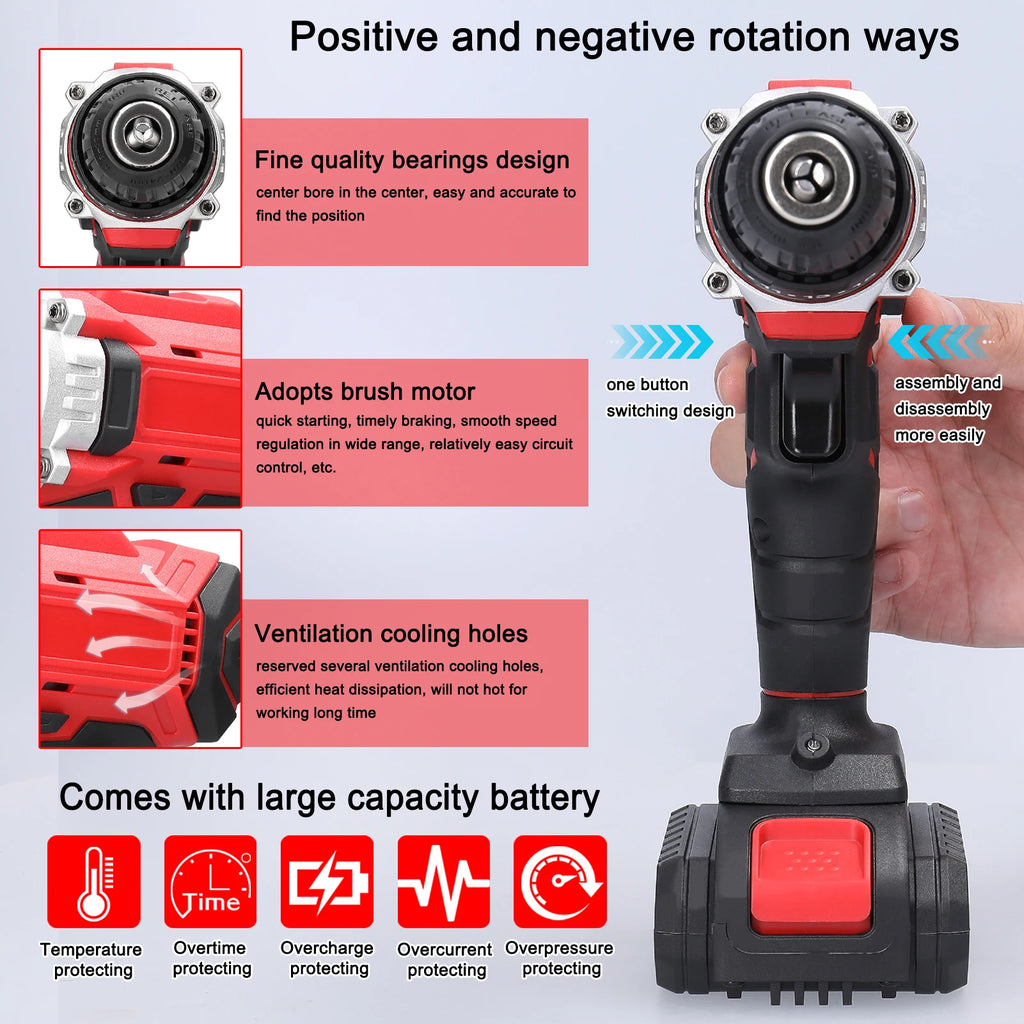 3-in-1 Multipurpose Electric Drill Cordless Impact Drill Speed Adjustable Electric Screwdriver Applicable to 21V Lithium Battery