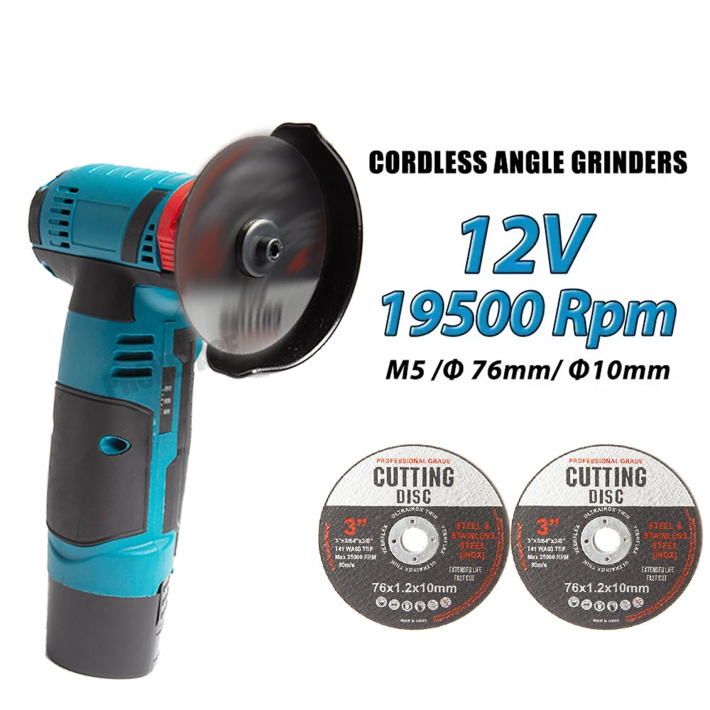 Cordless Electric Angle Grinder 19500rpm Handheld Polishing Grinding Machine Diamond Cutting Power Tool 12V Battery Rechargeable