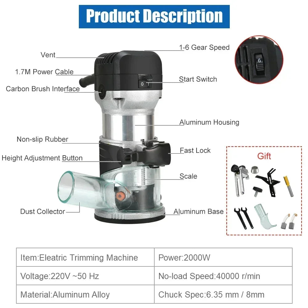 220V 2000W Electric Trimmer Router Wood Hand Trimmers Wood Edge Router 40000RPM Power Tools Woodworking Milling Machine