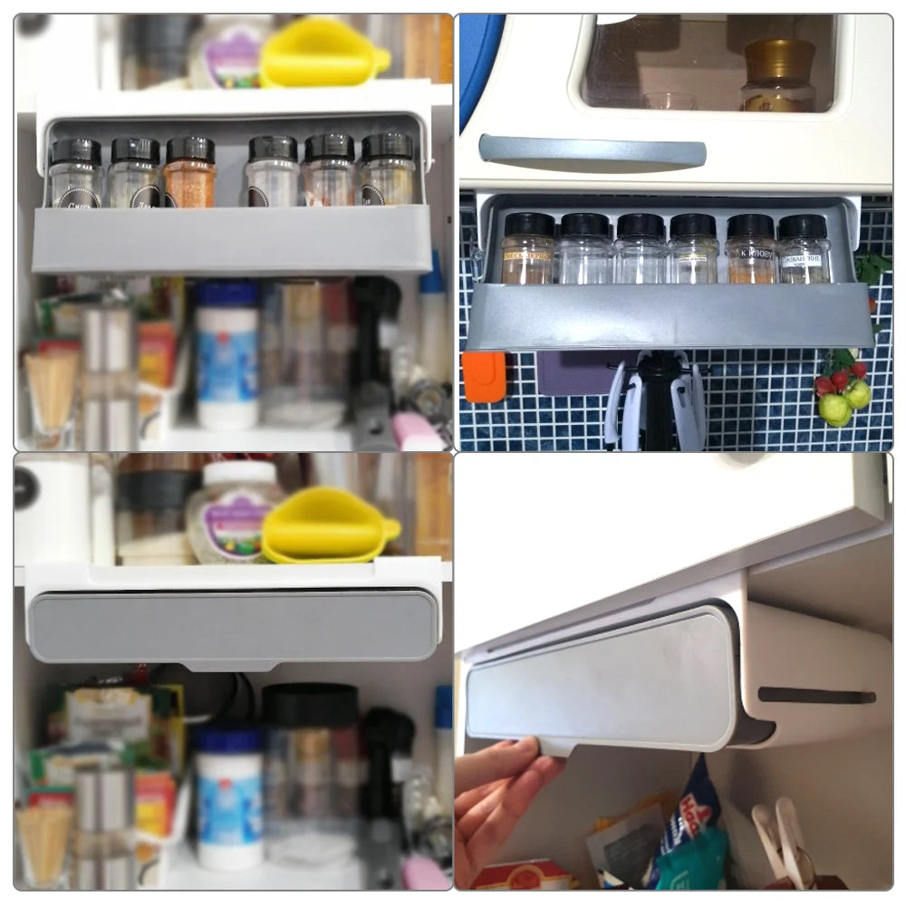 Spice Bottle Storage Rack Kitchen Supplies Storage Under Desk Drawer Hidden Self-adhesive Seasoning Bottle Organizer Rack