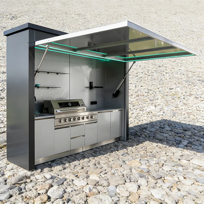 Customized weatherproof outdoor kitchen cabinet with roof, free shipping for outdoor cooking use