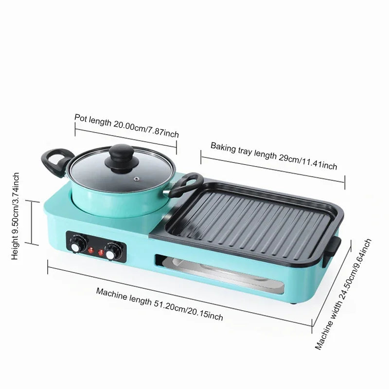 3 in 1 Korean Electric Baking Pan Soup Hot Pot Grill Plate Instant Kitchen Fondue Detachable and Washable Non-Stick Baking Pan