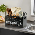 Wooden kitchen utensil rack, countertop utensil organizer with 3 compartments, rustic decor and cooking tool storage.