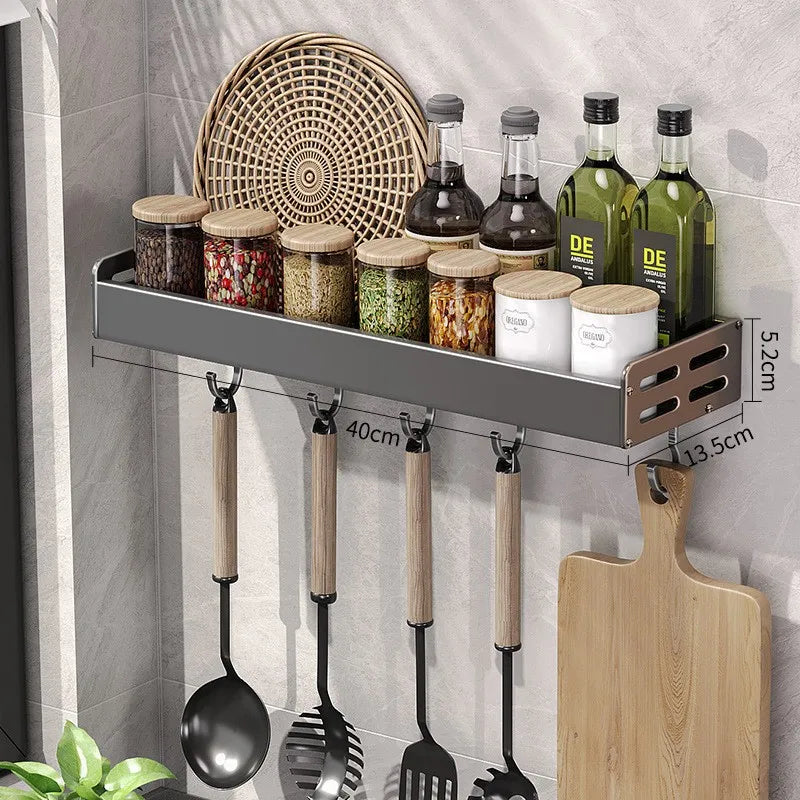 No Drill Kitchen Wall Mounted Spice Rack Space Saving Multifunctional Organizer with Hooks & Paper Towel Holder