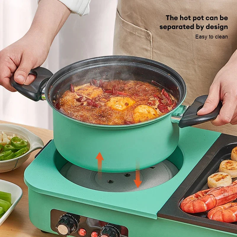 3 in 1 Korean Electric Baking Pan Soup Hot Pot Grill Plate Instant Kitchen Fondue Detachable and Washable Non-Stick Baking Pan