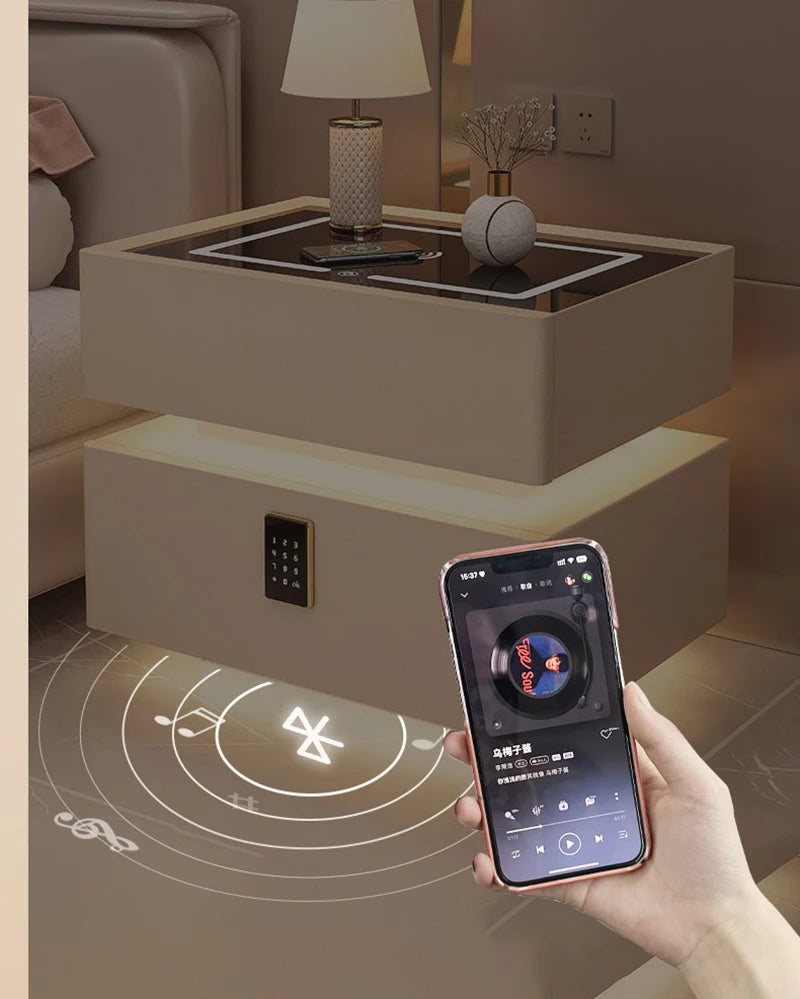 Modern Style Solid Wood Bedside Table with Wireless Charging Smart 2 Drawers Bedroom Nightstands with Lock 40/45/50cm