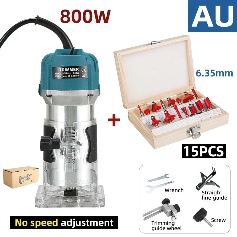 Electric Trimmer Router Woodworking Milling Engraving Slotting Trimming Machine Wood Trimmer Router Tool with 15 PCS Router Bits