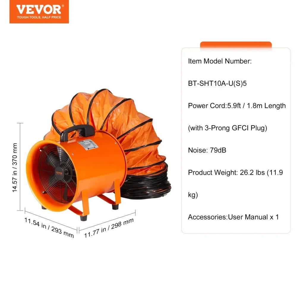 VEVOR Portable Ventilator 12 inch Cylinder Fan with 33/16.4ft Hose 585W 3198CFM Industrial Utility Blower for Sucking Dust Smoke