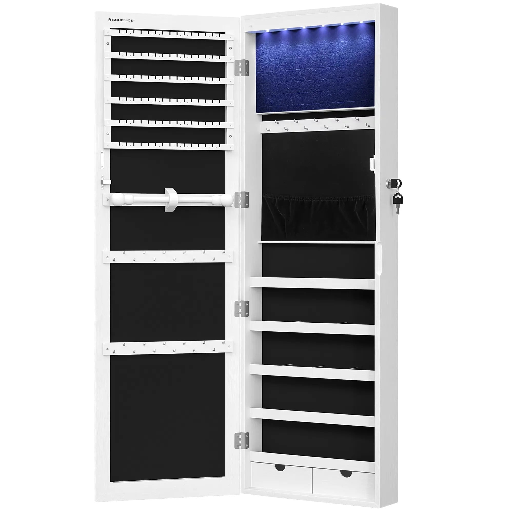 Armoire à Bijoux Mural pour Colliers, Boucles d'Oreilles, avec Miroir, Divers Compartiments, Verrouillable, Blanc