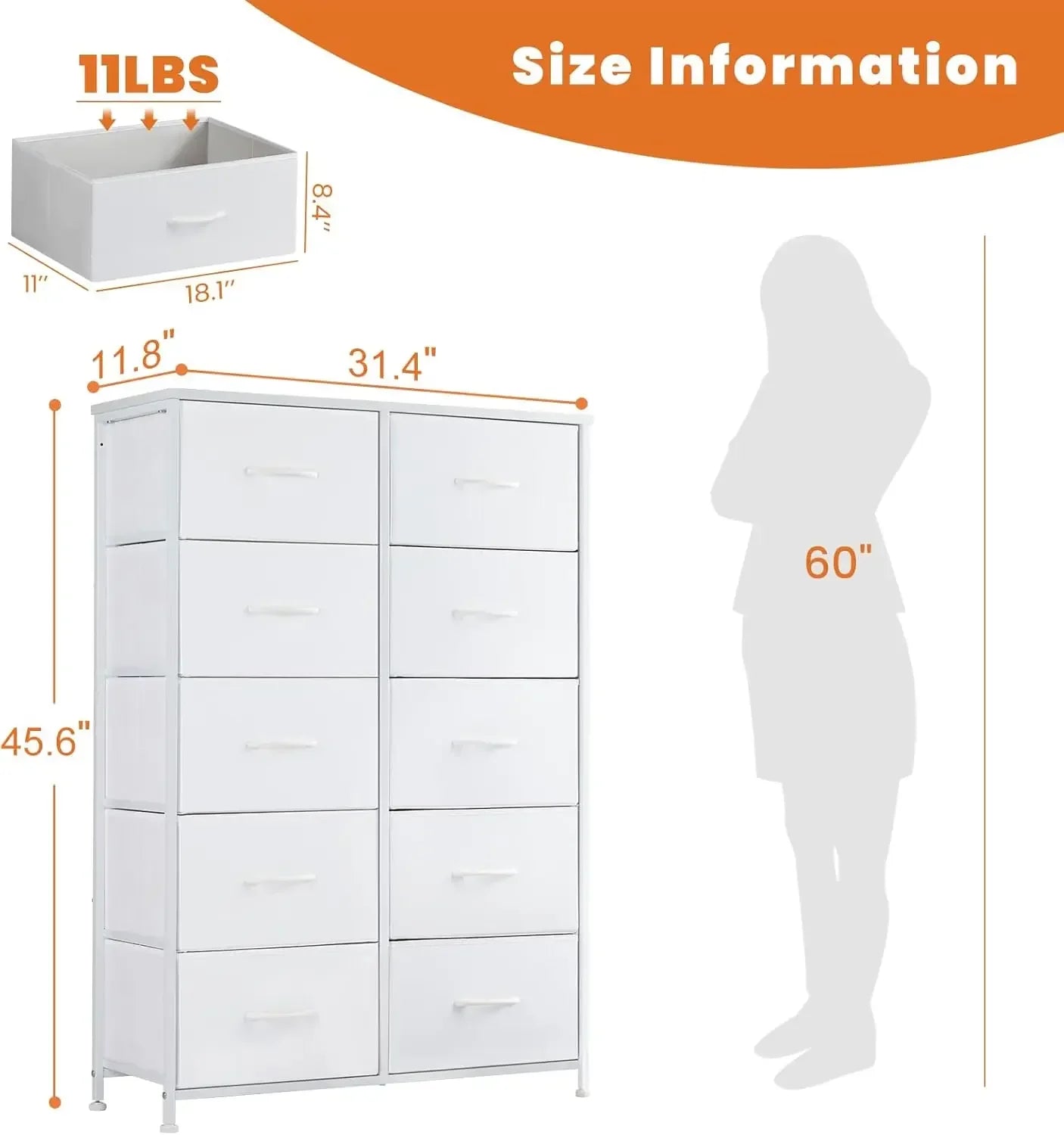 Dresser, Dresser for Bedroom Furniture, Storage Drawers, Fabric Storage Tower with 10 Drawers, Chest of Drawers with Steel Frame