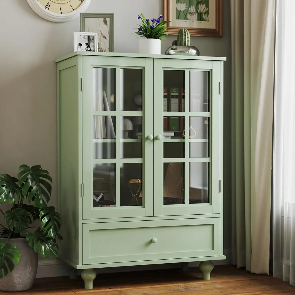 Buffet Cabinet with Glass Doors and Drawer, Modern Wood Storage Sideboard for Dining Room & Living Room, 28 Inch Accent Cabinet