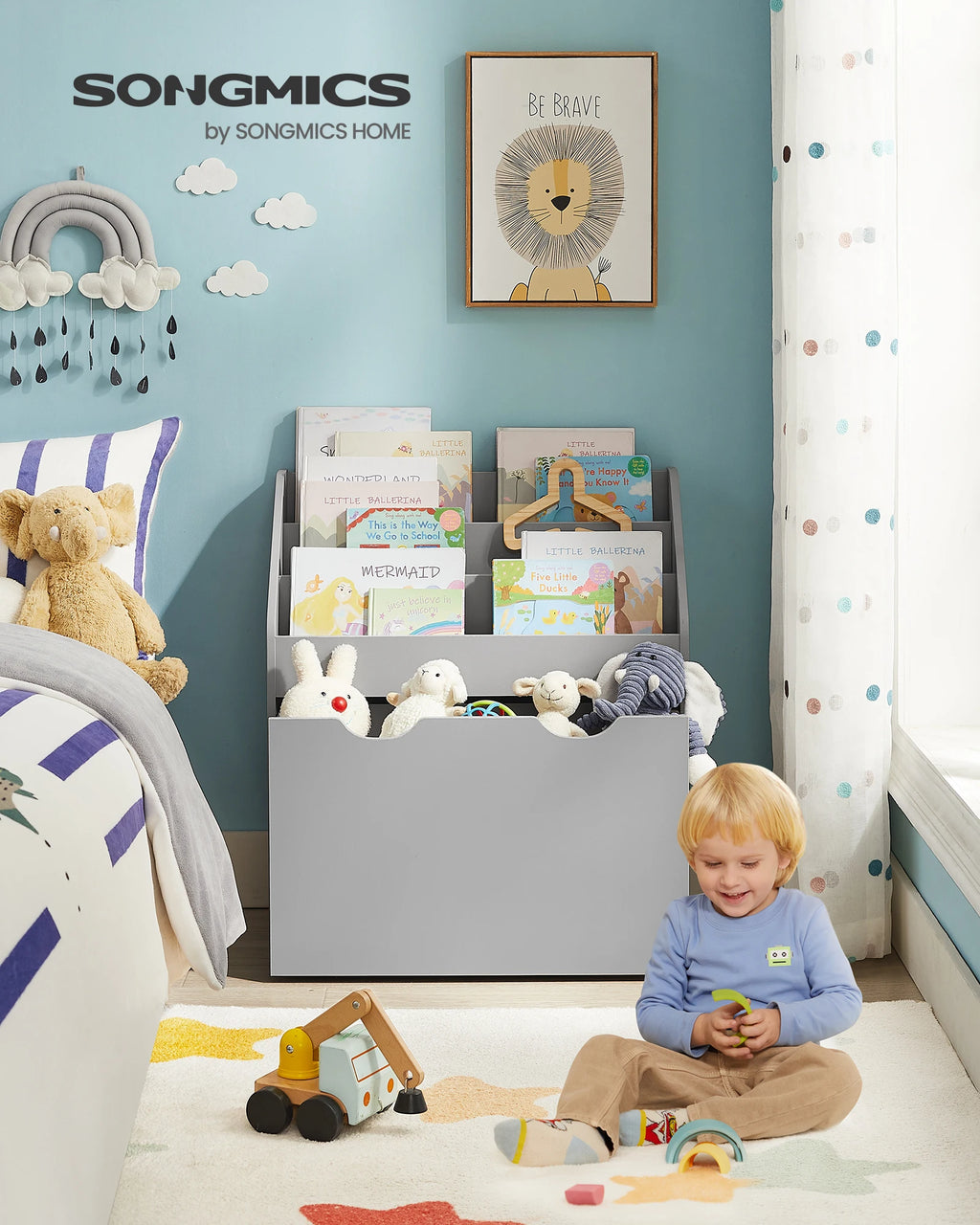 SONGMICS Kids Bookshelf and Toy Organiser, Toy Storage Chest and Bookcase with 3 Shelves, Storage Box with Wheels, Multipurpose