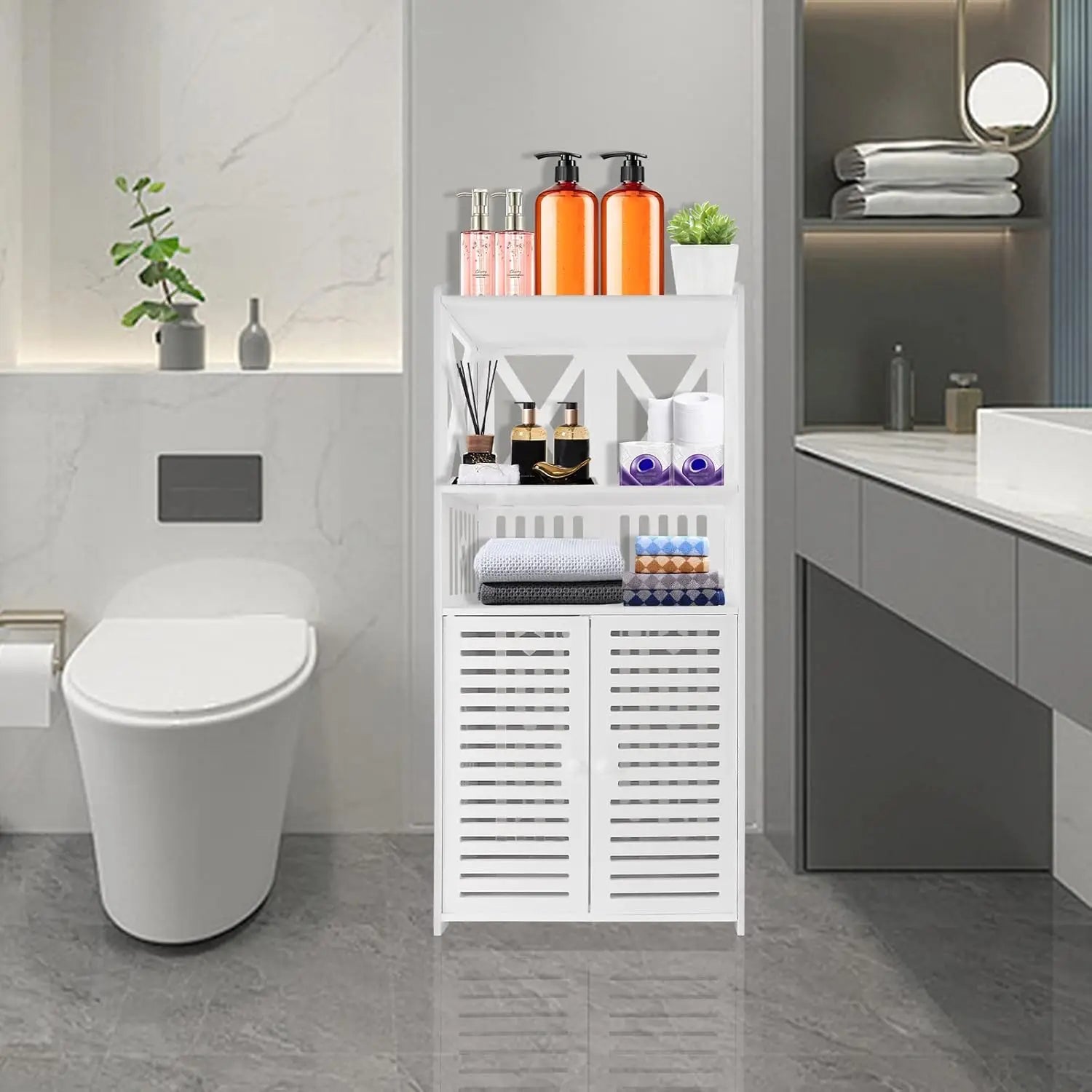 Bathroom Floor Cabinet,Waterproof FreeStanding Bathroom Storage Unit with Daily Use Layer and Cupboard Double Door,Multi-purpose