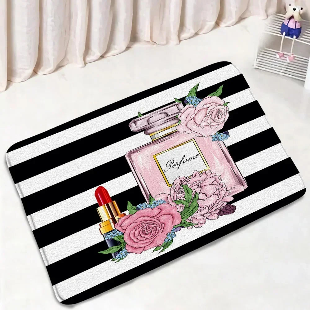 Fashion Perfume Shower Curtain Set Pink Rose Flower Modern Woman Girl Home Bathroom Decor Non Slip Rug Bath Mat Toilet Lid Cover