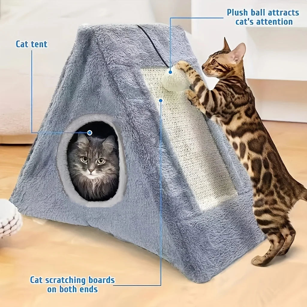Plush Pet Bed with Toy Ball & Scratching Board - For Cats Under 15 lbs | AlluCanFind