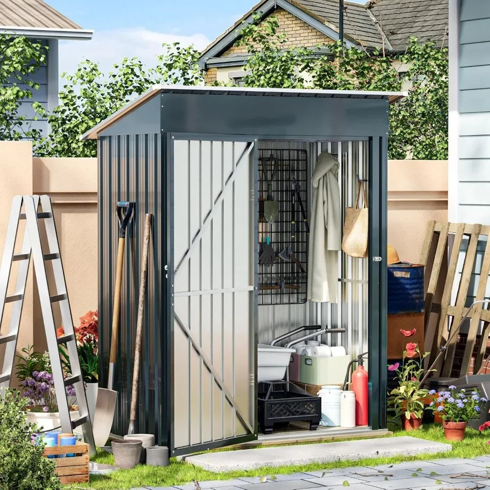 5X3X6.1FT Outdoor Steel Storage Shed with Frame Floor and Lockable Doors, Ideal for Garden, Backyard, Patio Storage