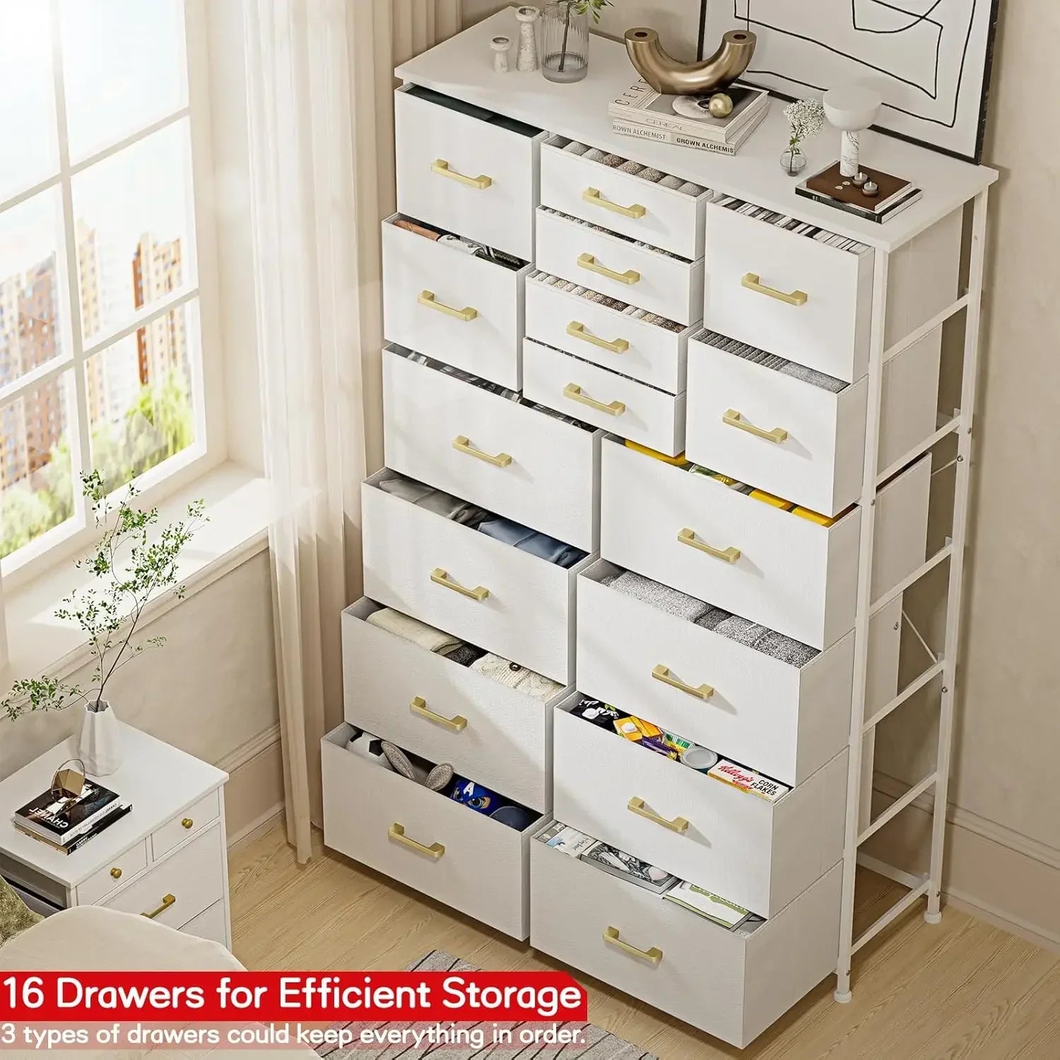 Tall Dresser for Bedroom,16 Drawer Dressers & Chests of Drawers, Fabric Bedroom Dresser with Wood Top, Metal Frame,Storage Tower