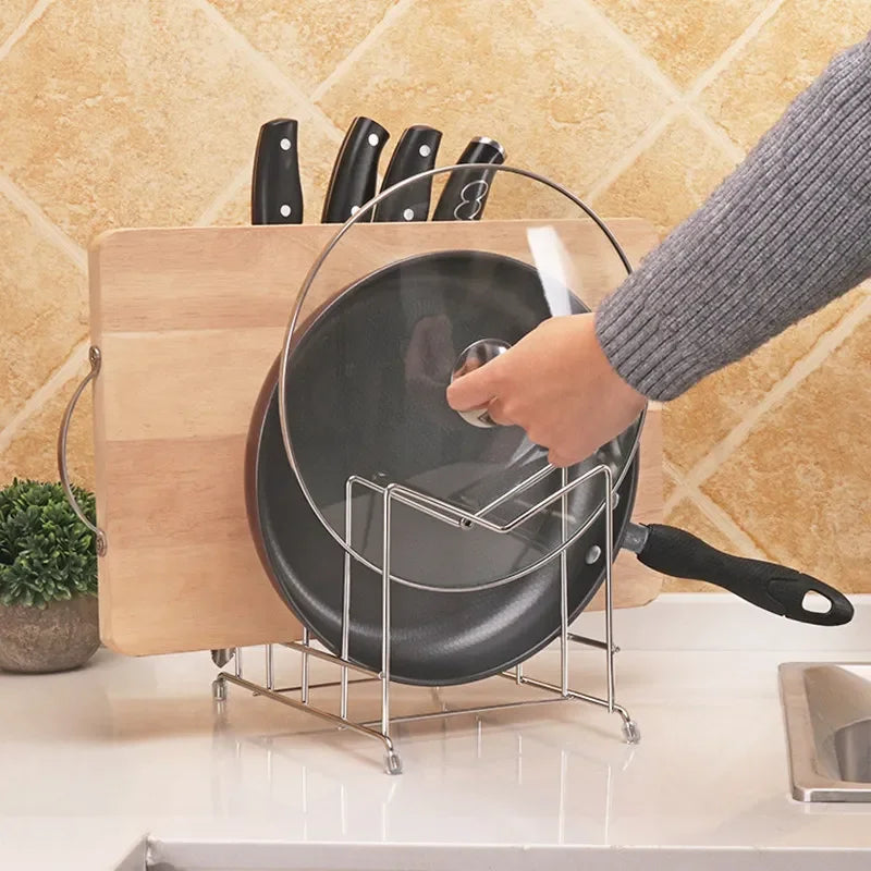 Stainless Steel Pan Pot Cover Lid Rack Sundries Organizer Kitchen Knife& Vegetable Cutter& Cutting Board Storage Rack Home Tool
