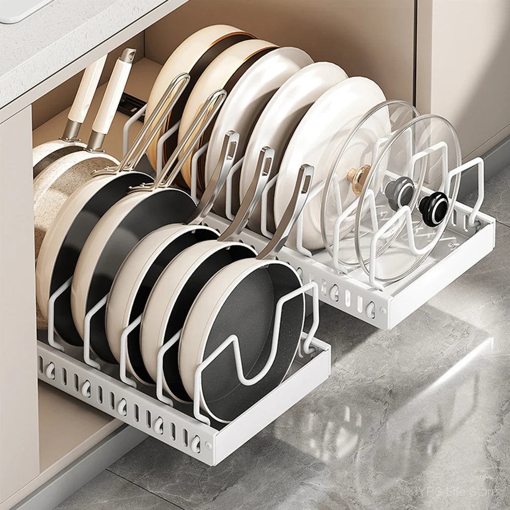 1PCS Kitchen Pots & Pans Organizer Under Cabinet Sliding Drawer Pot Lid Organizer Pull Out Cabinet Storage Tray with 8Dividers