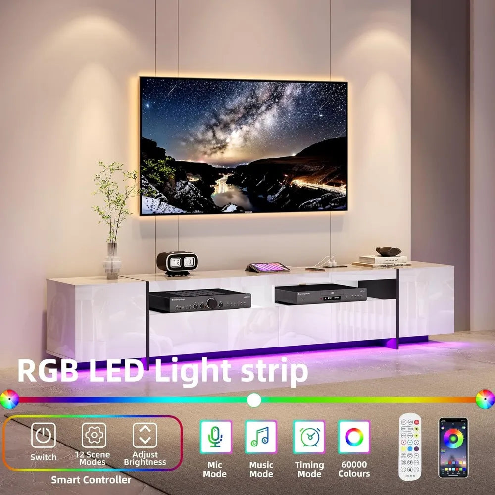94.5" W TV Stand for Up to 100" TV, Modern Entertainment Center with LED Lights and Power Outlets, Media Console with Cabinet