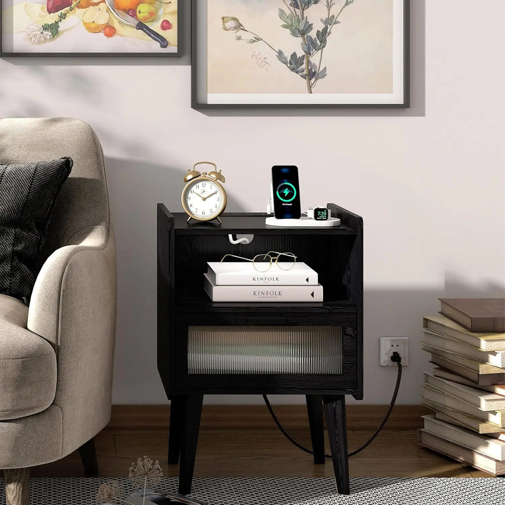 Nightstand with Charging Station, Black Wood Grain Bedside Tables, Modern End Table, Side Table with 2 Tiers Storage Space for B