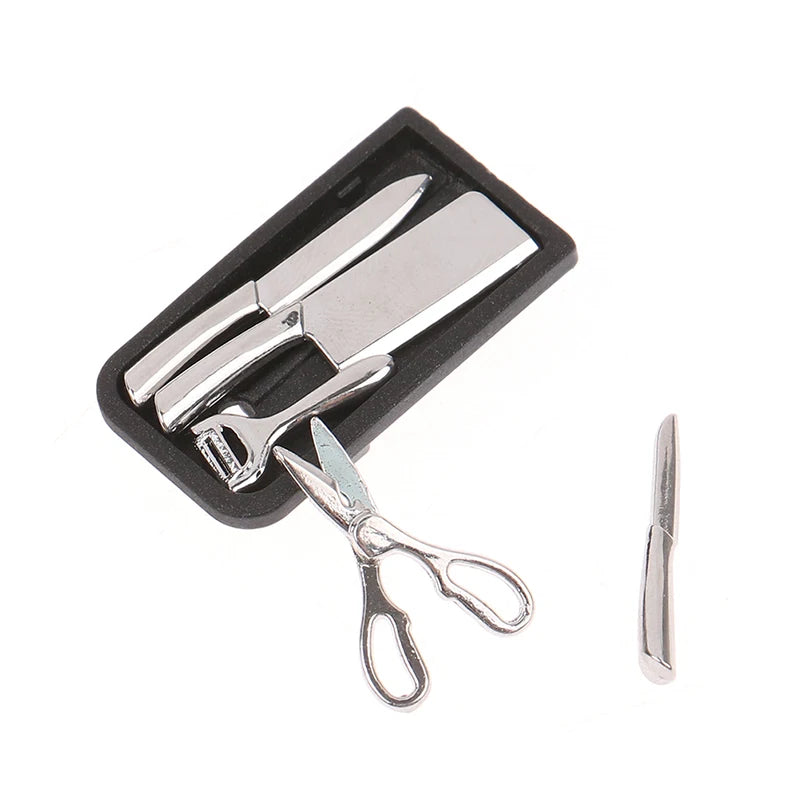 1:12 Dollhouse Kitchen Knife Set Mini Knife Scissor Peeler With Holder Kitchen Furniture Accessories Kids Play Toys Gift