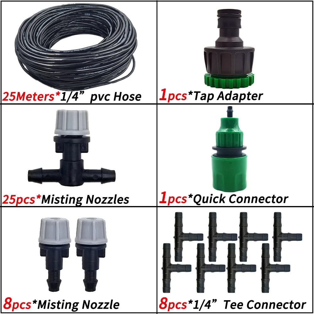 5M-30M Outdoor Misting Cooling System Garden Irrigation Watering 1/4'' Brass Atomizer Nozzles 4/7mm Hose for Patio Greenhouse