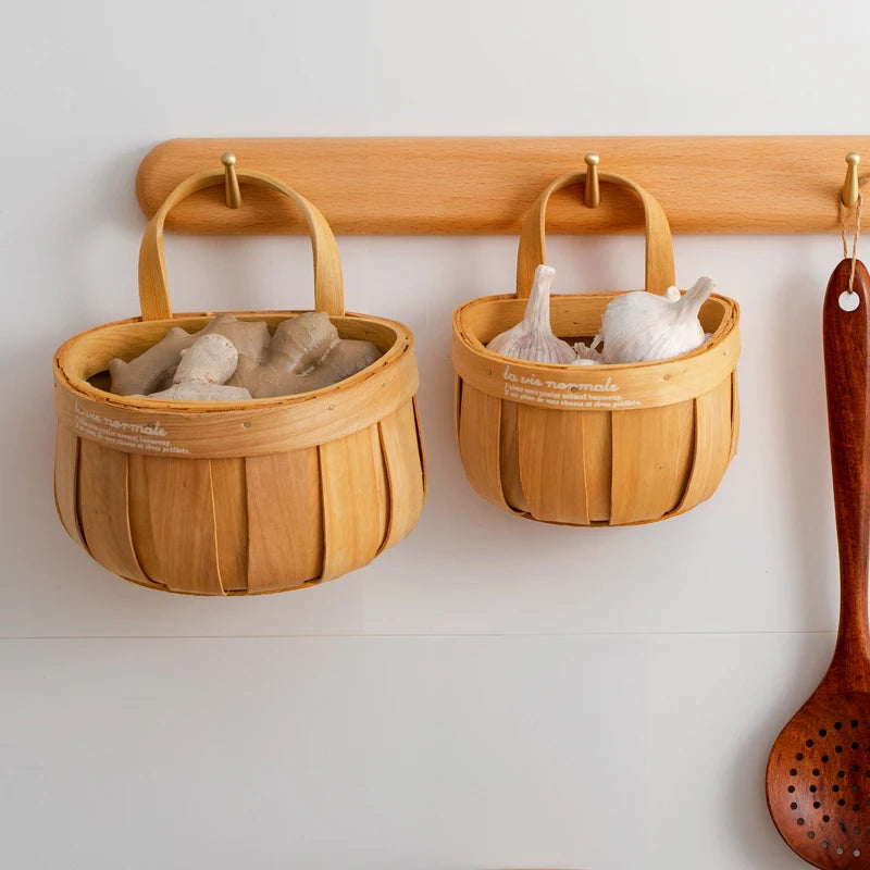 Kitchen Hanging Garlic Storage Basket Rattan Organizer Ginger Onion Vegetable Basket Wall Mounted Cabinet Door Hanging Bin