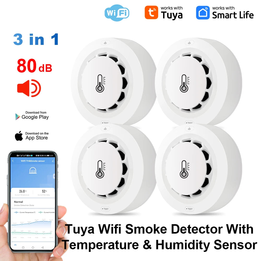 Tuya Wifi BT Two Connection Smoke Detector Temperature Humidity Measurement Device 80dB Sound Alarm Remote Push Alert Function