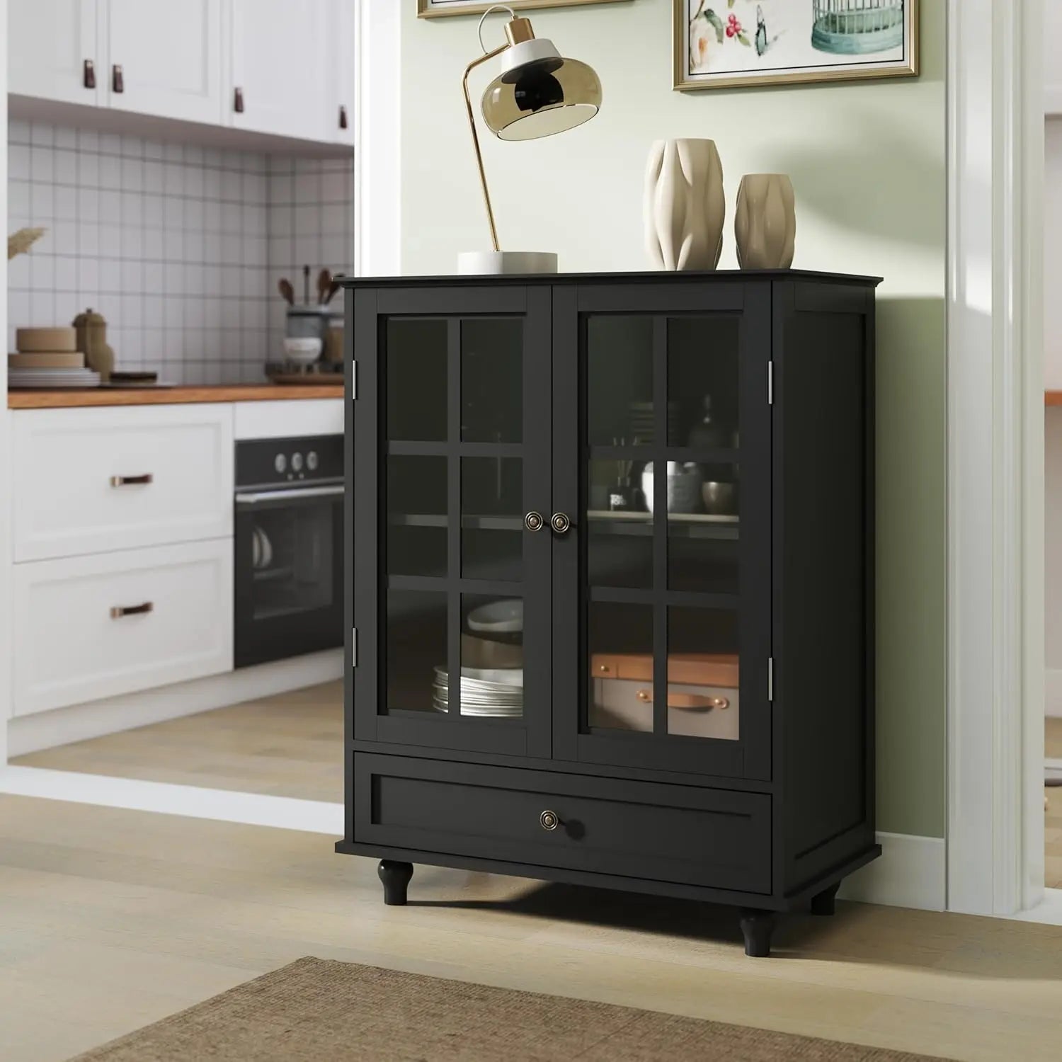 Buffet Cabinet with Glass Doors and Drawer, Modern Wood Storage Sideboard for Dining Room & Living Room, 28 Inch Accent Cabinet