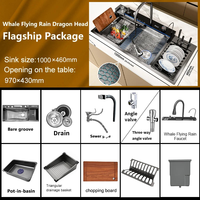 New Stainless Steel Waterfall Kitchen Sink Embossed Extra Large Single Slot Digital Display Dishwashing Sinks With Draining Rack