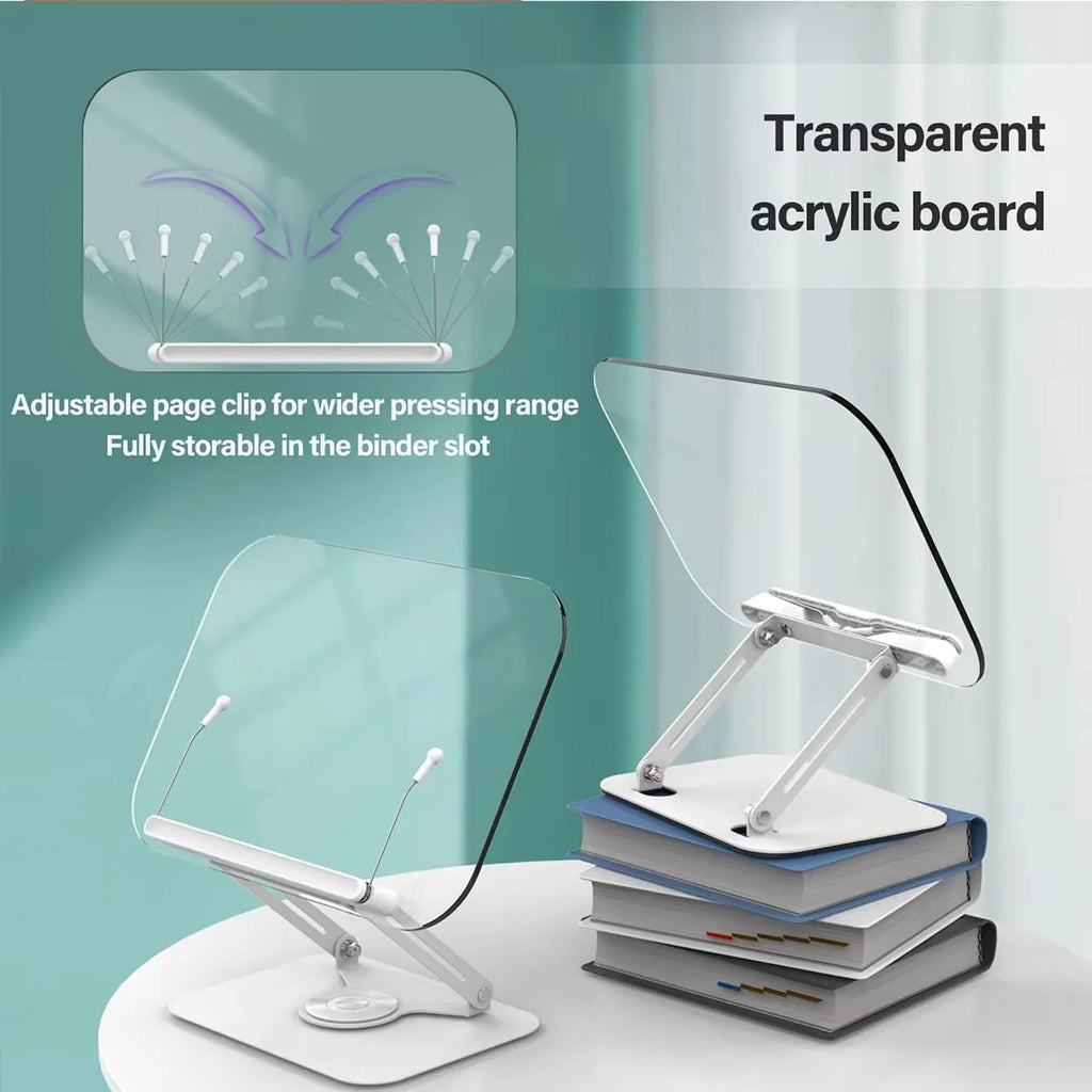 Book Stand for Reading, Adjustable Book Holder with 360° Rotating Base & Elastic Page Clips, Foldable Cookbook Stand for Office