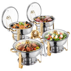 VEVOR 4 Pack Chafing Dish Buffet Stainless Steel Chafer with 4 Full Size Pan Round Catering Warmer w/Glass Lid for Party Banquet