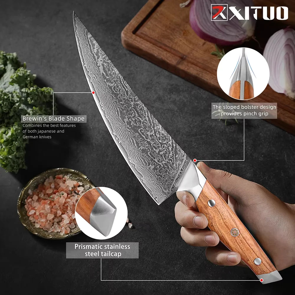 Damascus Steel Kitchen Knives Set 1-8pcs Chef Knife Cutting Professional Sharp Chef Knife, Cleaver, Santoku,Bread, Boning & More