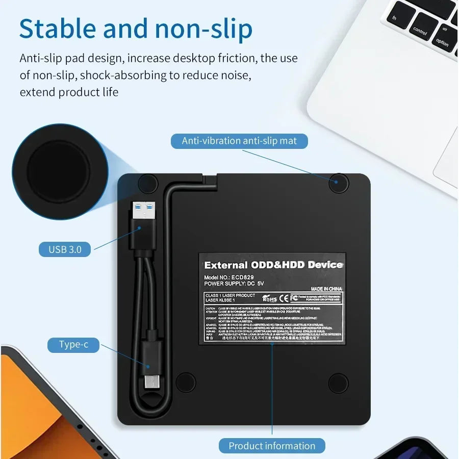 USB 3.0 Type-C CD Player DVD Burner 2-in-1 External Optical Drives Portable CD-RW DVD-ROM Writer Reader Recorder for PC Desktop