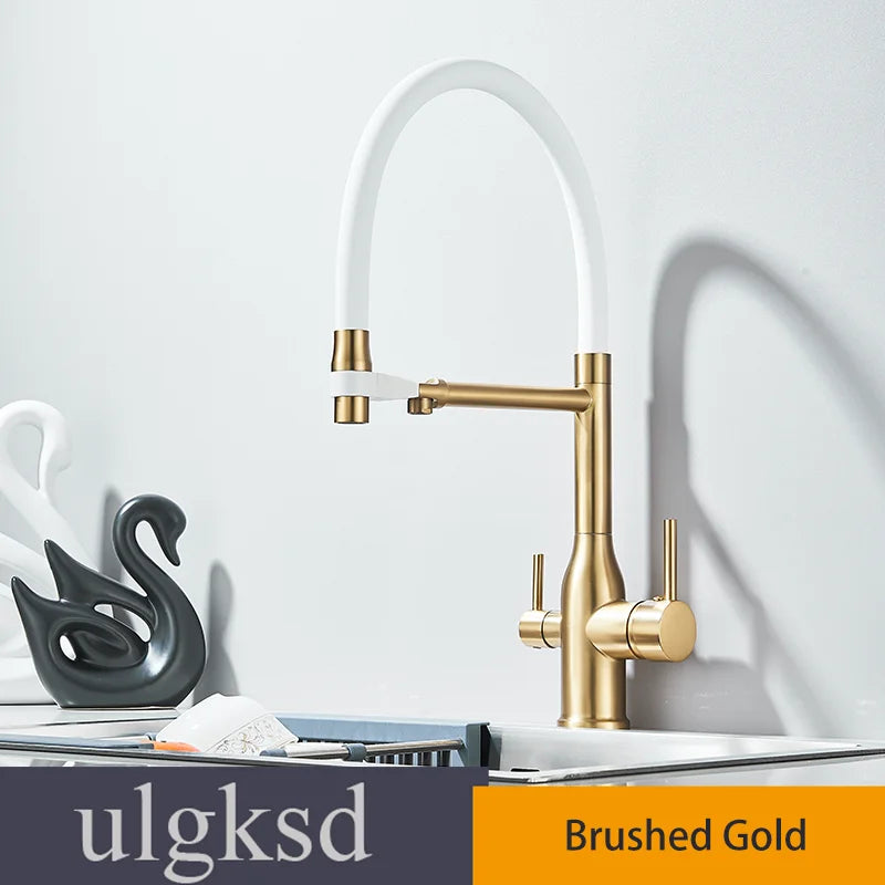 Kitchen Purified Water 2 Function Brass Cold and Hot Mix Faucet Black Flexible Water Pipe 360 Rotate Filtered Water Deck Install