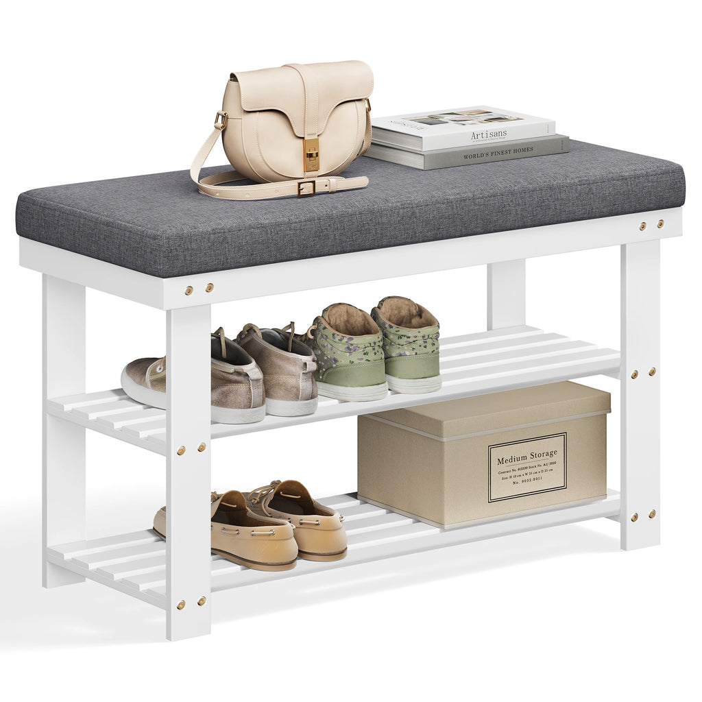 SONGMICS 3-Tier Bamboo Shoe Rack, Stable Shoe Organizer for Entryway & Living Room, Bench Seat Holds Up to 330 lb