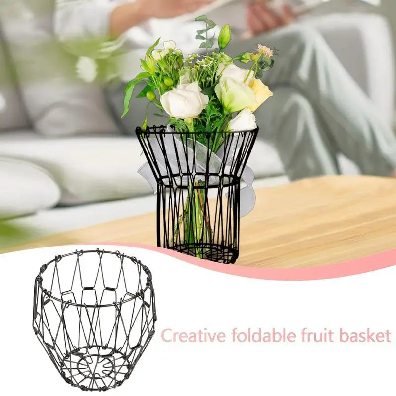 Creative Foldable Fruit Basket Home Snacks Storage Disc Versatile Scalable Metal Wire Basket Collapsible Dish Plate Bowl